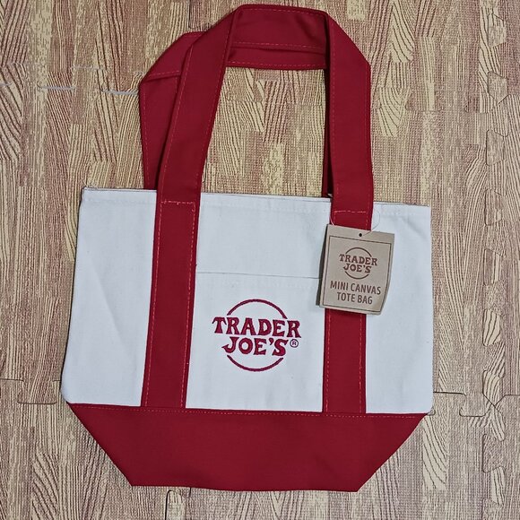 Trader Joe'S Handbags - Trader Joe's Mini Canvas Tote Bag Cream Red Embroidery